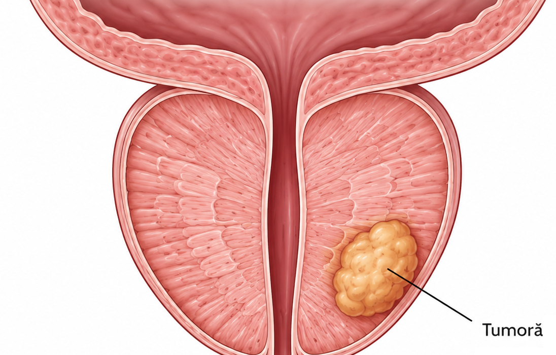 Ilustrație cancer de prostată — tumoră localizată în zona periferică a glandei prostatice